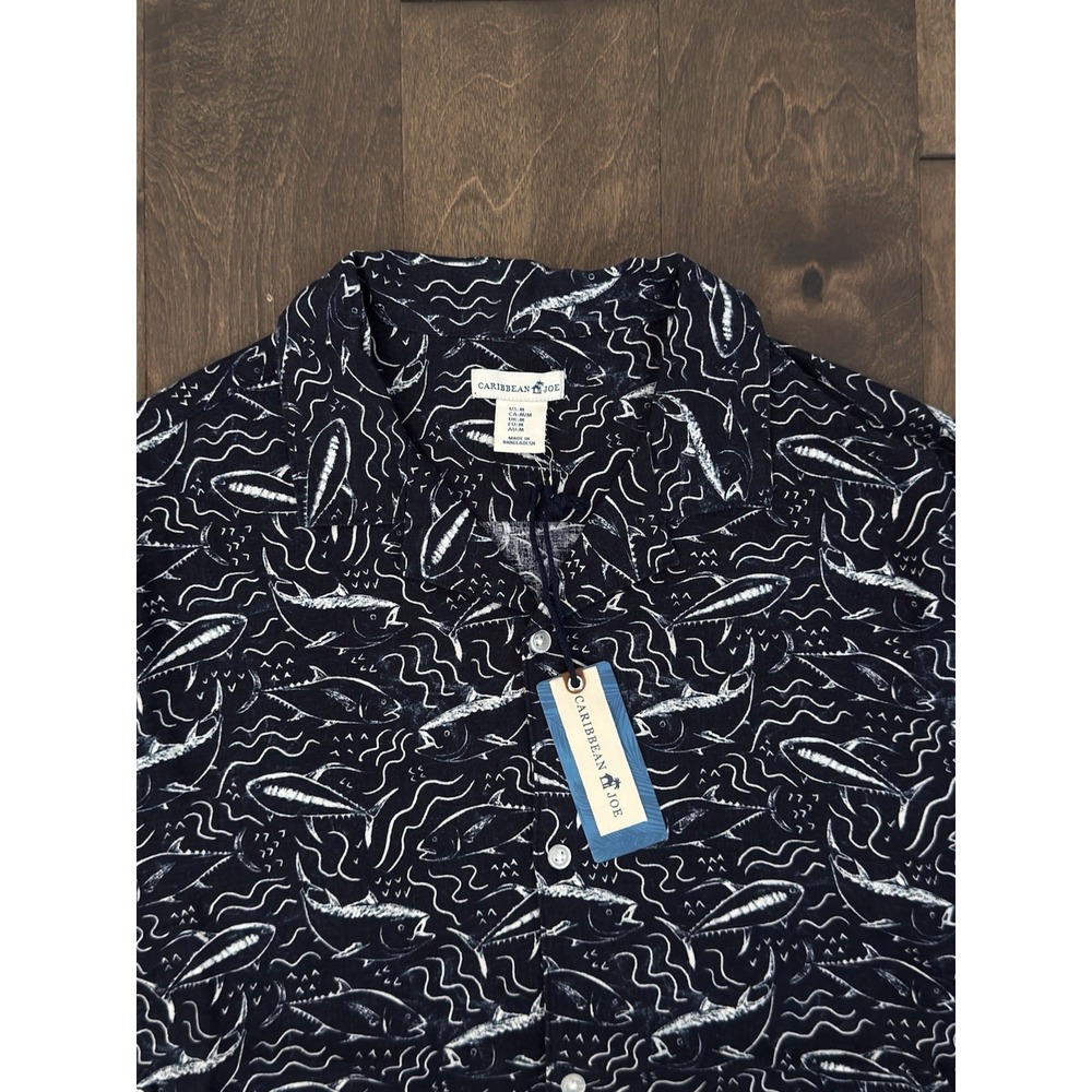 Caribbean Joe Mens Navy Blue Fish Print Linen Blend Button Down Shirt Size M NWT